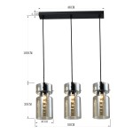 Lampa wisząca Nivio w kolorze czarnym z trzema kloszami. Klosze mają przezroczyste szklane wykończenie z metalowymi elementami. Długość całkowita wynosi 100 cm, a szerokość 46 cm. Klosze mają średnicę 10 cm i są zawieszone na czarnych linkach.