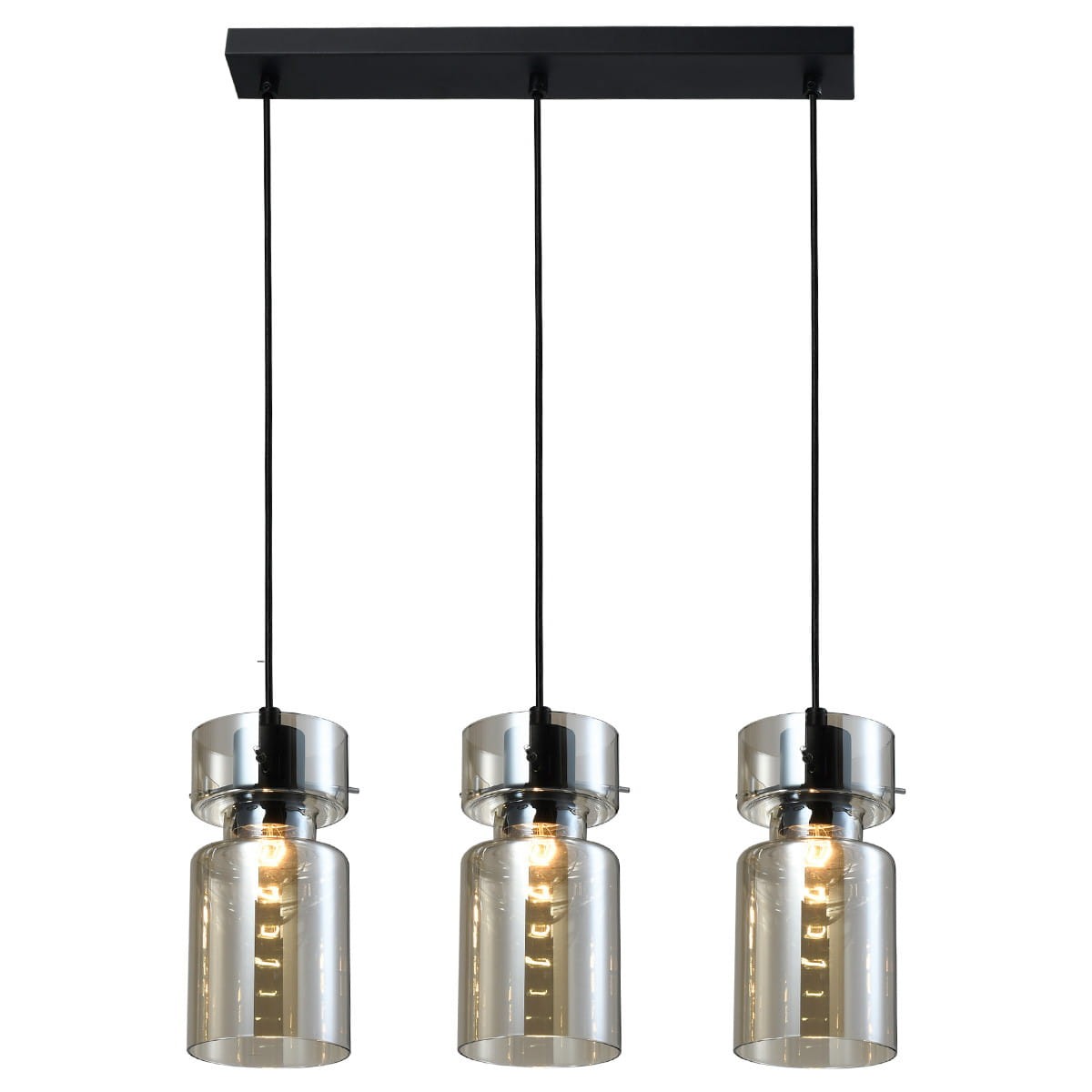 Lampa wisząca Nivio 3xE27 w kolorze czarnym z trzema przezroczystymi kloszami na metalowych podstawach. Zawieszona na czarnych linkach, montowana do sufitu. Nowoczesny design, idealna do wnętrz.