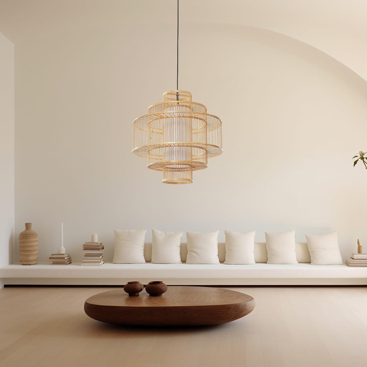 Lampa wisząca w kolorze czarnym z rattanowymi elementami, z jedną oprawą E27. Zawieszona na cienkim przewodzie, o okrągłym kształcie z kilkoma poziomymi okręgami, w nowoczesnym wnętrzu z białą sofą i drewnianym stołem.