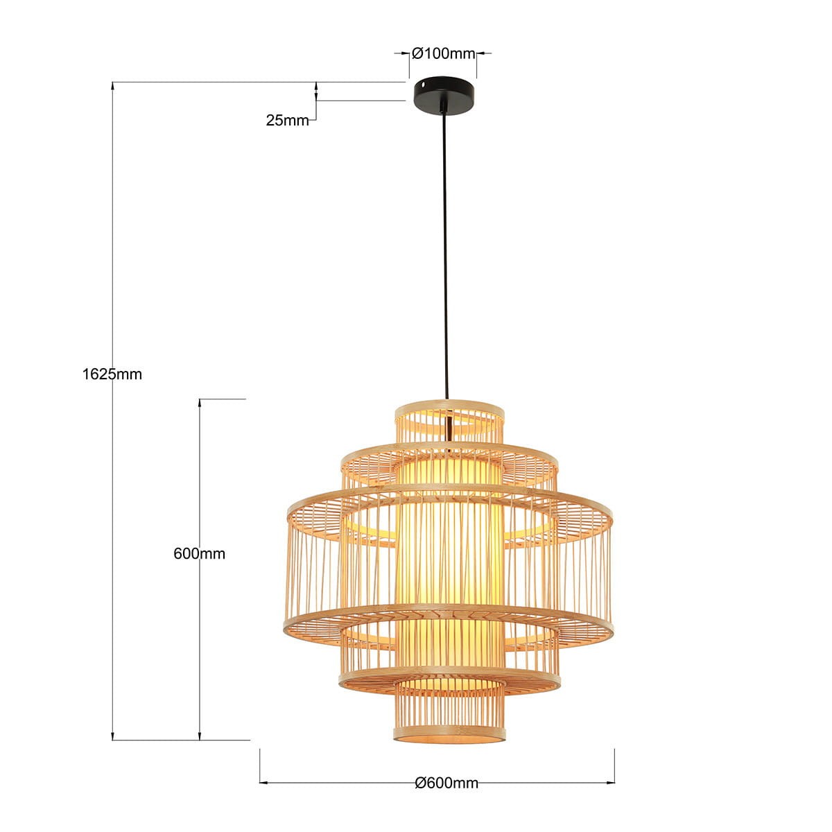 Lampa wisząca Stela 1xE27 w kolorze czarnym i rattanowym, o średnicy 600 mm i wysokości 1625 mm. Posiada ażurową konstrukcję z trzech poziomych obręczy, z centralnym źródłem światła, zawieszona na czarnym przewodzie.