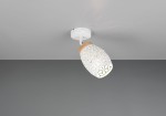 Kinkiet Bidar 1xE14 w białym kolorze, z ceramicznym kloszem w kształcie jajka z geometrycznym wzorem. Ujęcie z dołu, montowany na suficie, z drewnianym detalem u góry. Prosty, nowoczesny design, idealny do różnych wnętrz.