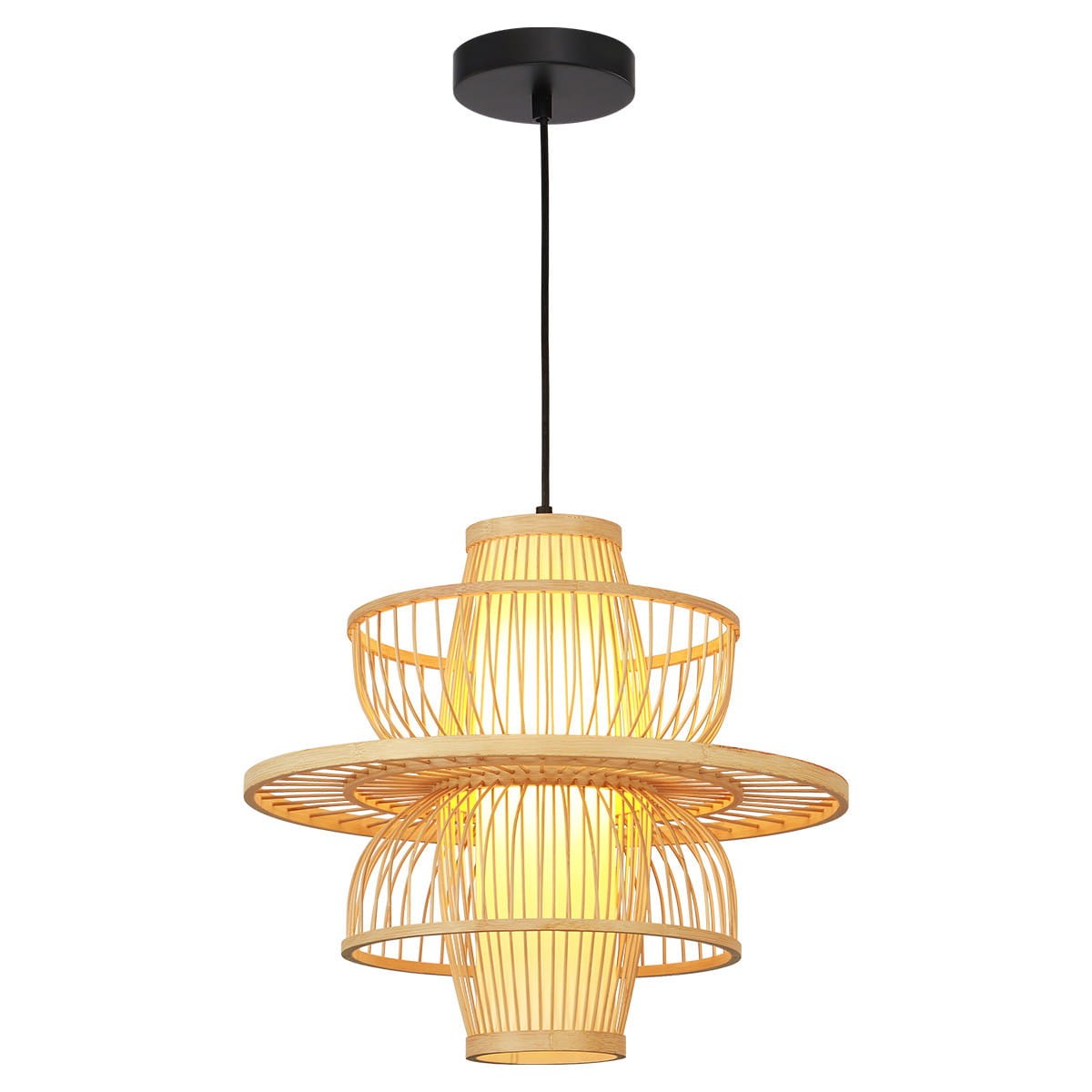 Lampa wisząca Astra 1xE27 w kolorze czarnym i rattanowym. Okrągła, trójwarstwowa konstrukcja z delikatnych żeber, zawieszona na czarnym przewodzie. Żarówka umieszczona w centralnym punkcie, emitując ciepłe światło.