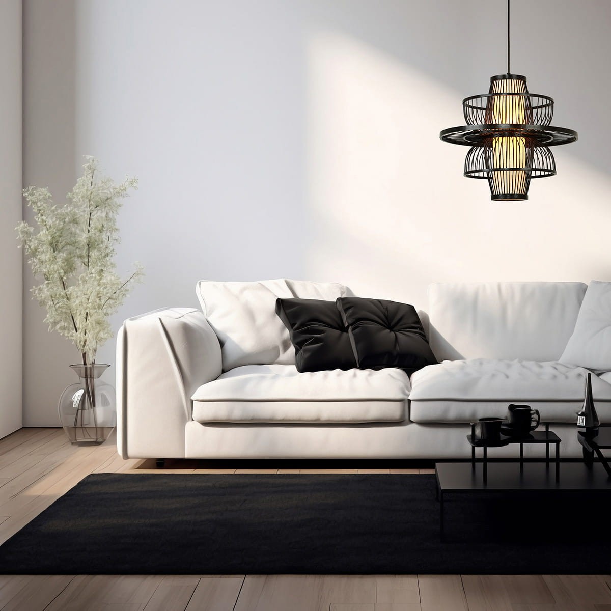 Lampa wisząca Astra 1xE27 w kolorze czarnym, z charakterystycznym, plecionym kloszem w formie okręgu. Zawieszona nad białą sofą z czarnymi poduszkami w nowoczesnym wnętrzu. Tło jasne, minimalistyczne, z dodatkiem roślinności w wazonie.