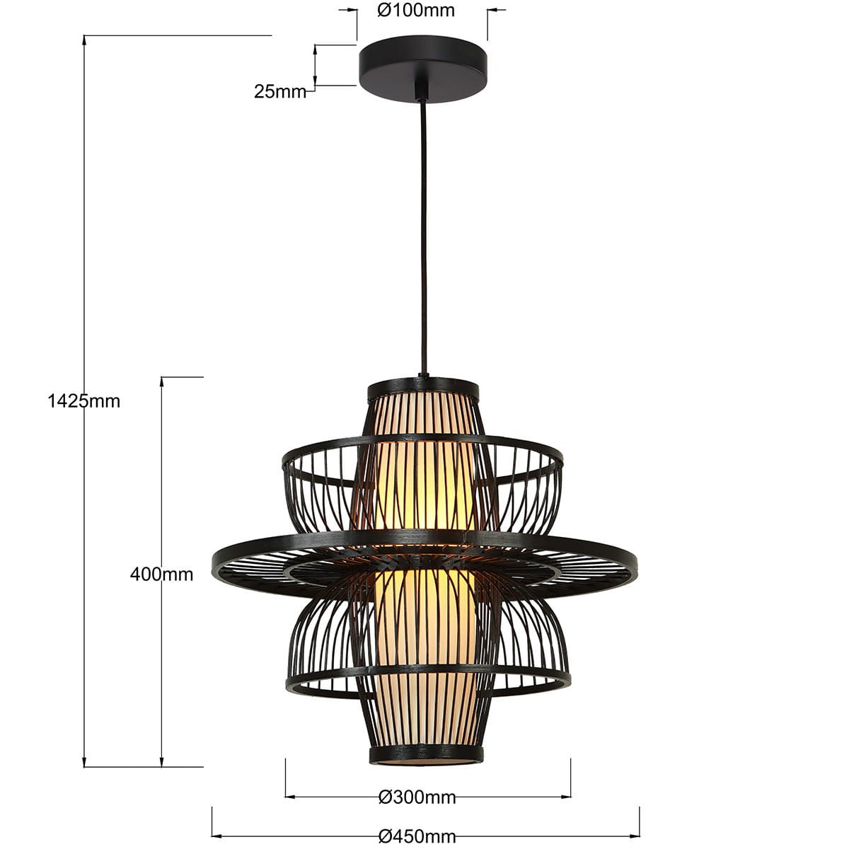 Czarna lampa wisząca Astra z oprawą na żarówkę E27, o średnicy 450 mm i wysokości 1425 mm. Posiada metalowy, siatkowy klosz oraz szklany, wewnętrzny element w kolorze ciepłej bieli. Zawieszona na cienkim przewodzie w minimalistycznym stylu.