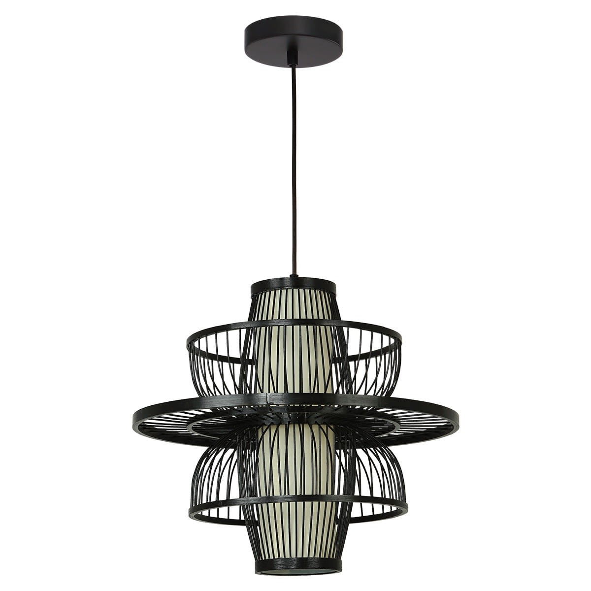 Czarna lampa wisząca Astra LP-3110/1P z jednym miejscem na żarówkę E27. Posiada ażurową konstrukcję z metalowych prętów oraz szklany klosz w centralnej części. Zawieszona na cienkim kablu, z okrągłą podsufitką.