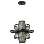 Czarna lampa wisząca Astra LP-3110/1P z jednym miejscem na żarówkę E27. Posiada ażurową konstrukcję z metalowych prętów oraz szklany klosz w centralnej części. Zawieszona na cienkim kablu, z okrągłą podsufitką.