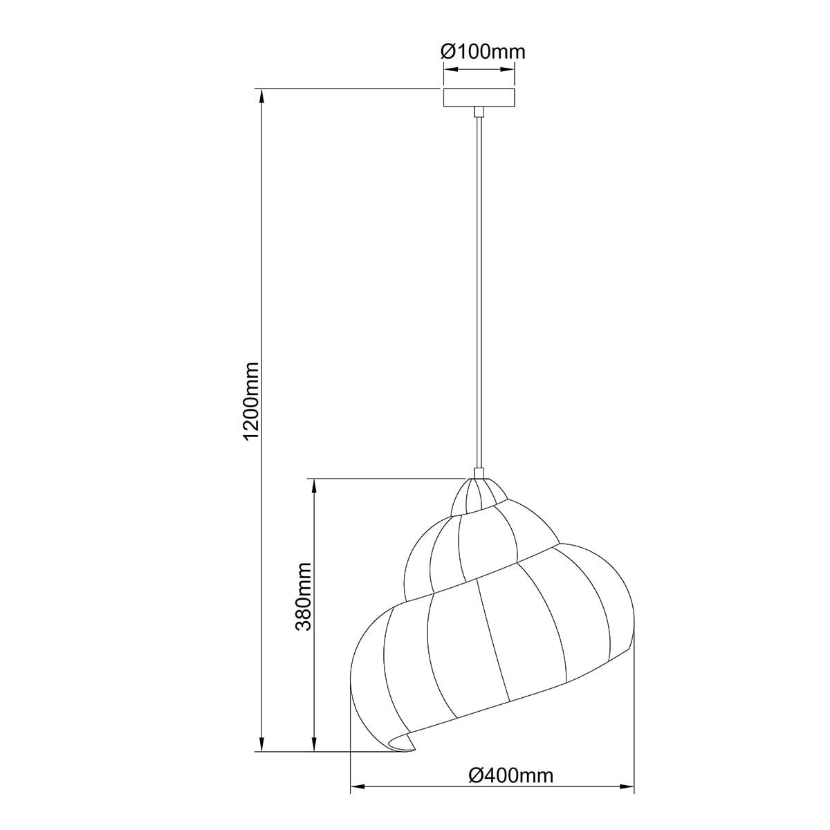 Lampa wisząca Shella D40 z czarnym abażurem i rattanowym detalem, o średnicy 40 cm i wysokości 38 cm, zawieszona na 120 cm metalowym przewodzie. Kształt przypominający muszlę, z gniazdem E27.