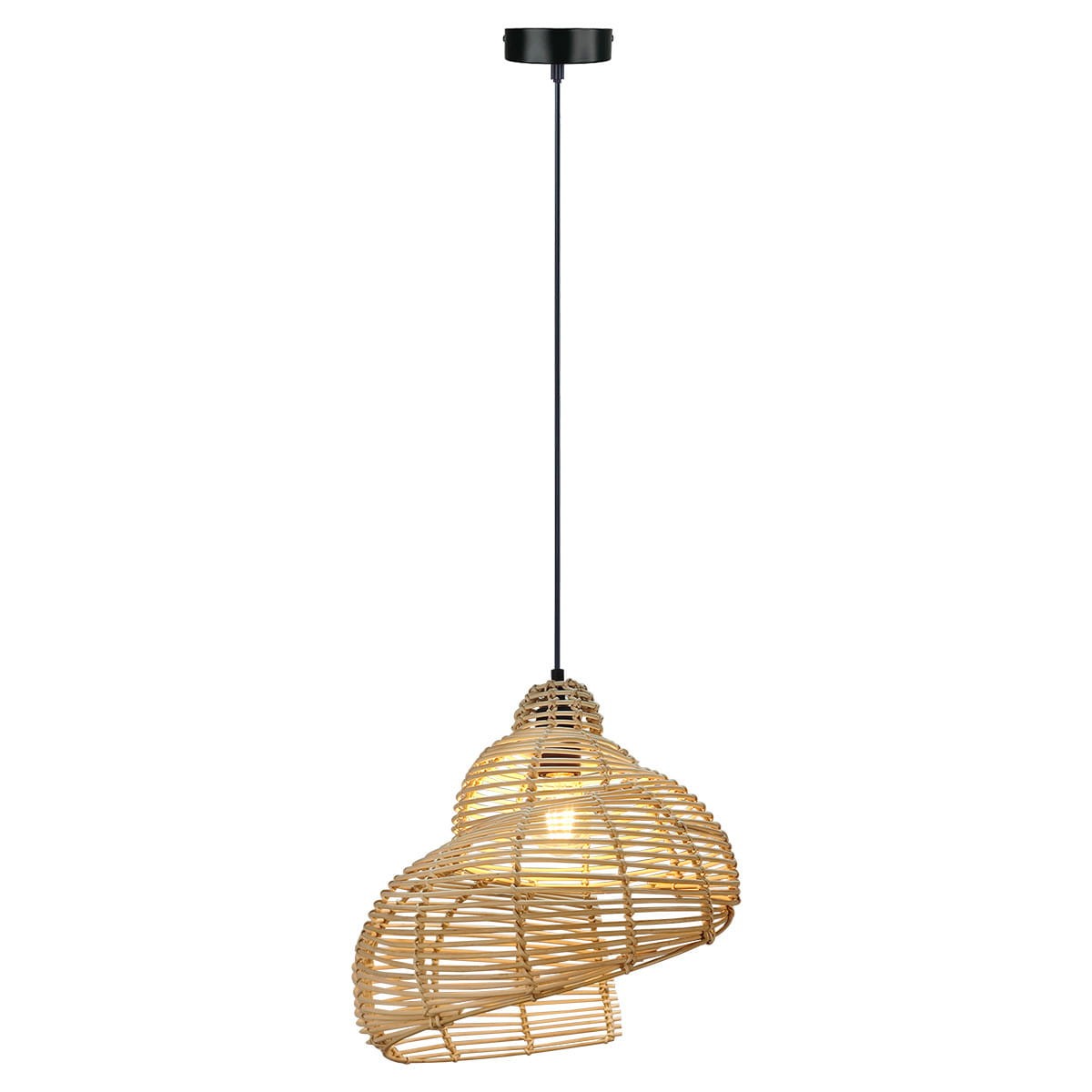 Lampa wisząca Shella D40 z czarnym stelażem i kloszem z rattanowych prętów w kształcie serca, o średnicy 40 cm, zawieszona na długim przewodzie. Widoczna żarówka E27 wewnątrz klosza. Tło proste.