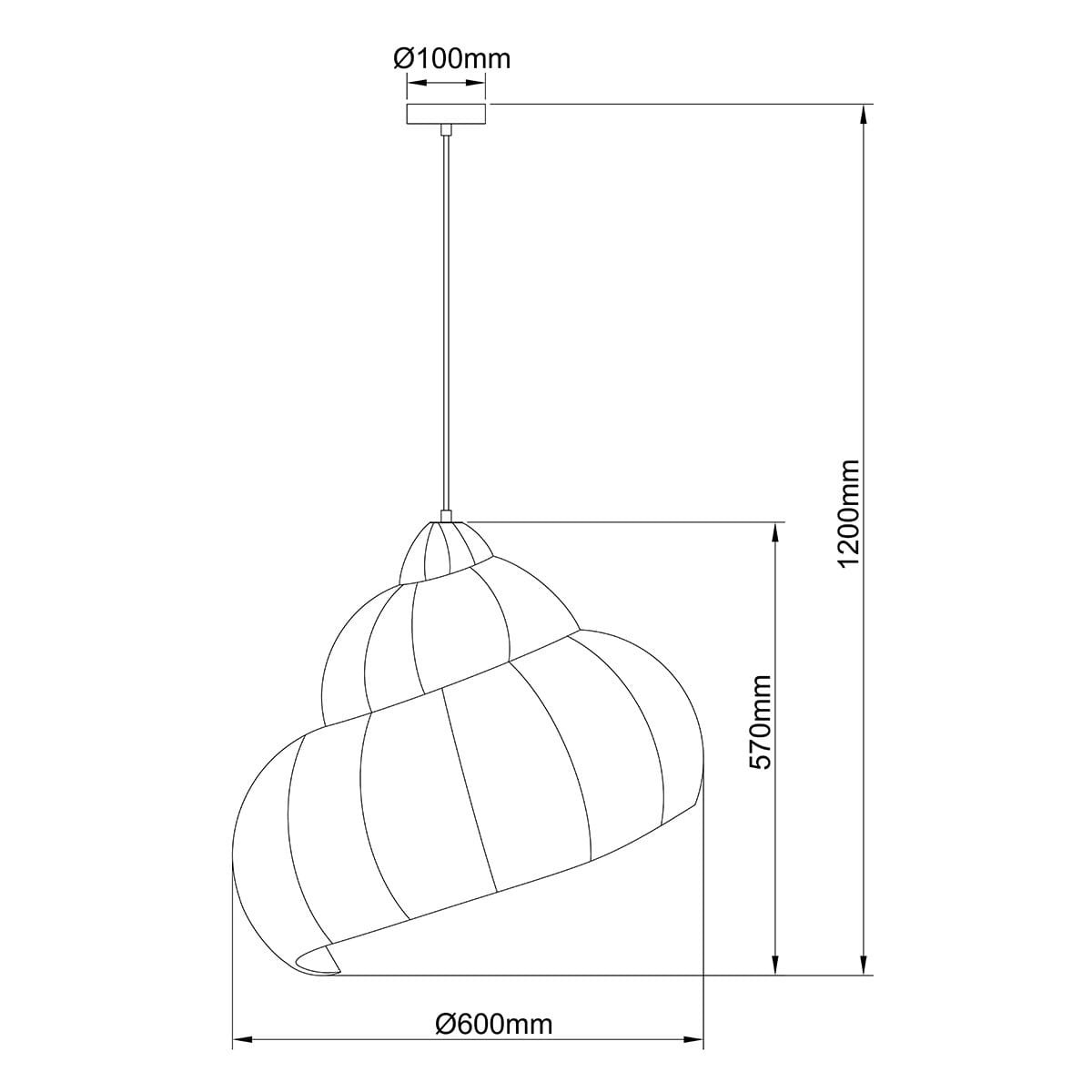 Lampa wisząca Shella D60 o średnicy 60 cm, wykonana z czarnego materiału i rattanu. Ma opływowy kształt, zawieszona na metalowym stelażu. Wysokość całkowita wynosi 120 cm, a odległość od sufitu do klosza to 57 cm. Idealna do nowoczesnych wnętrz.