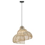 Lampa wisząca Shella D60 z czarnym przewodem i stropem, klosz z rattanowych prętów w naturalnym kolorze. Kształt zindywidualizowany, o średnicy 60 cm, z miejscem na żarówkę E27. Ujęcie frontalne, zawieszona na długim kablu.