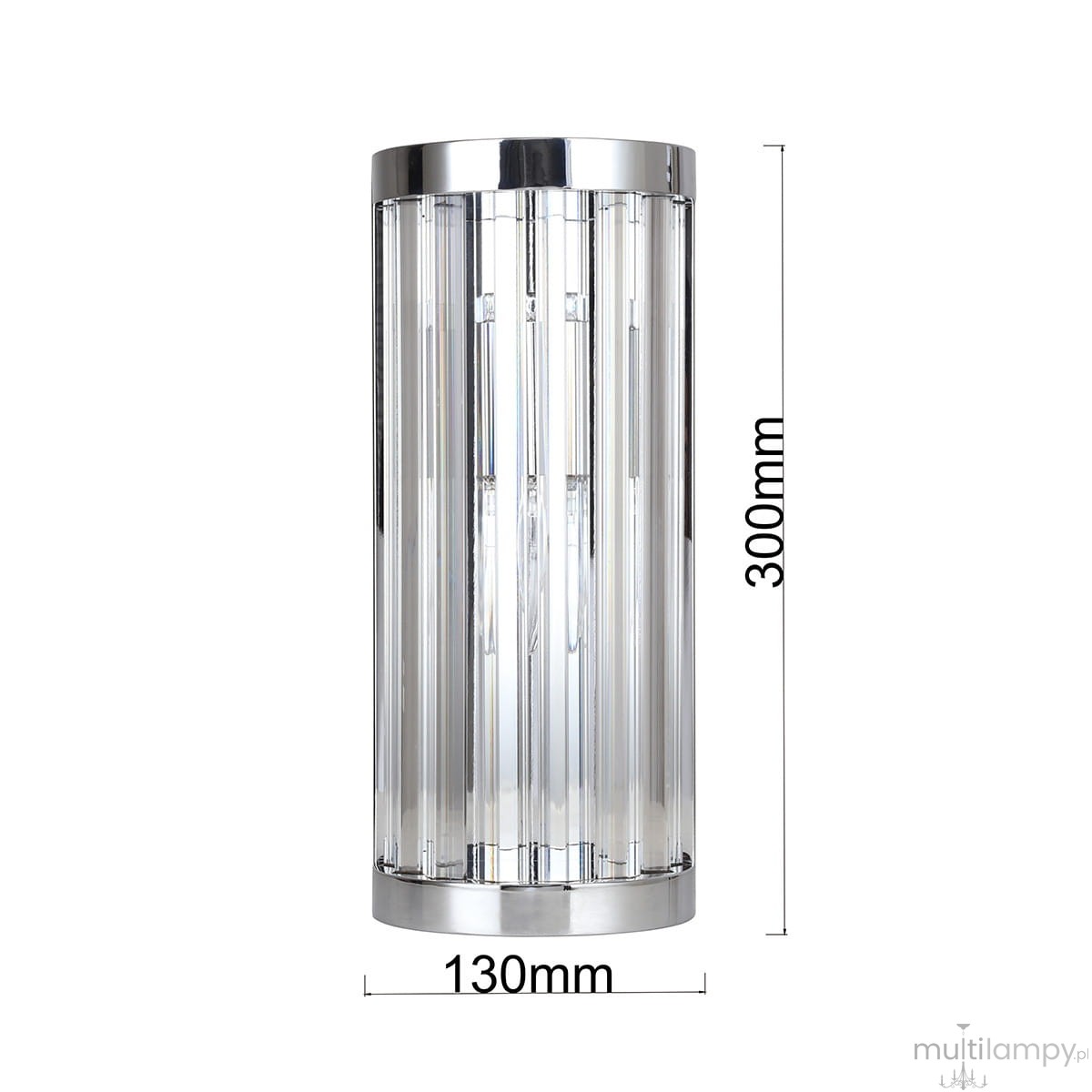 Kinkiet Vetro 1xE14 w chromowanej obudowie. Owalny, z przezroczystymi, pionowymi przegrodami. Wymiary: wysokość 300 mm, średnica 130 mm. Stoi na płaskiej podstawie, idealny do nowoczesnych wnętrz.
