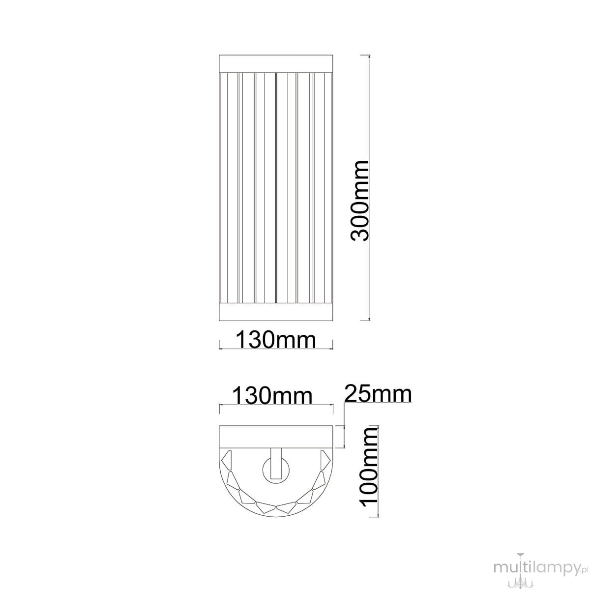 Kinkiet Vetro 1xE14 w kolorze chromu, o wymiarach 300 mm wysokości i 130 mm szerokości. Posiada prostokątny kształt z rowkowaniem, montowany na ścianie. Widoczna podstawka o średnicy 100 mm.