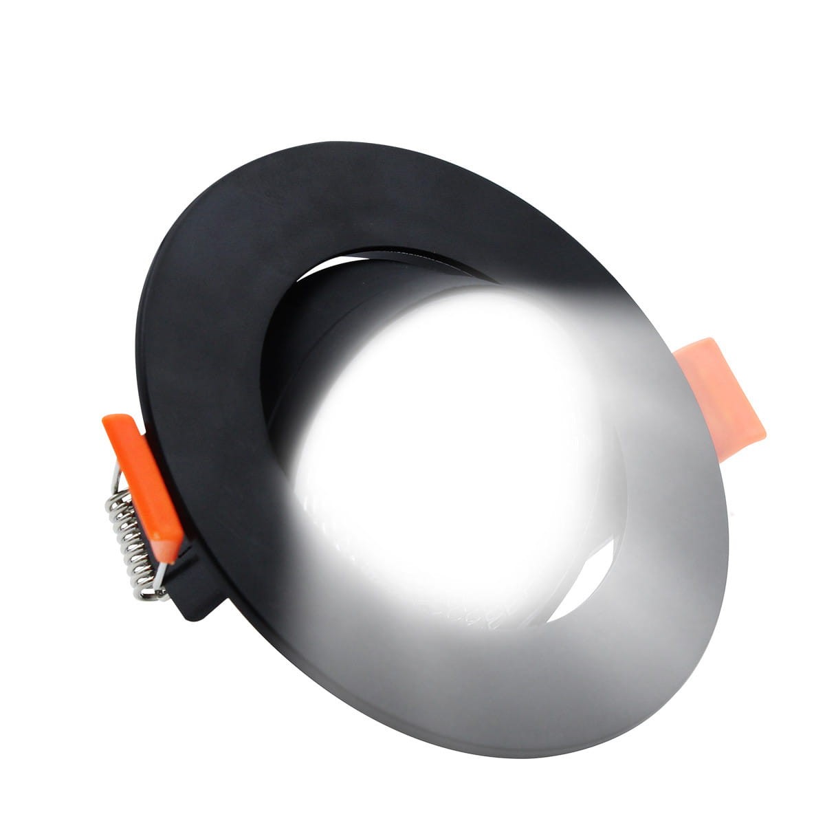 Czarna oprawa sufitowa LED o średnicy 7 cm, przeznaczona do montażu źródeł światła 3W/5W/7W/CCT. Wykonana z matowego materiału, z widocznymi pomarańczowymi uchwytami do mocowania. Ukazana z góry, z widoczną wewnętrzną częścią oprawy.