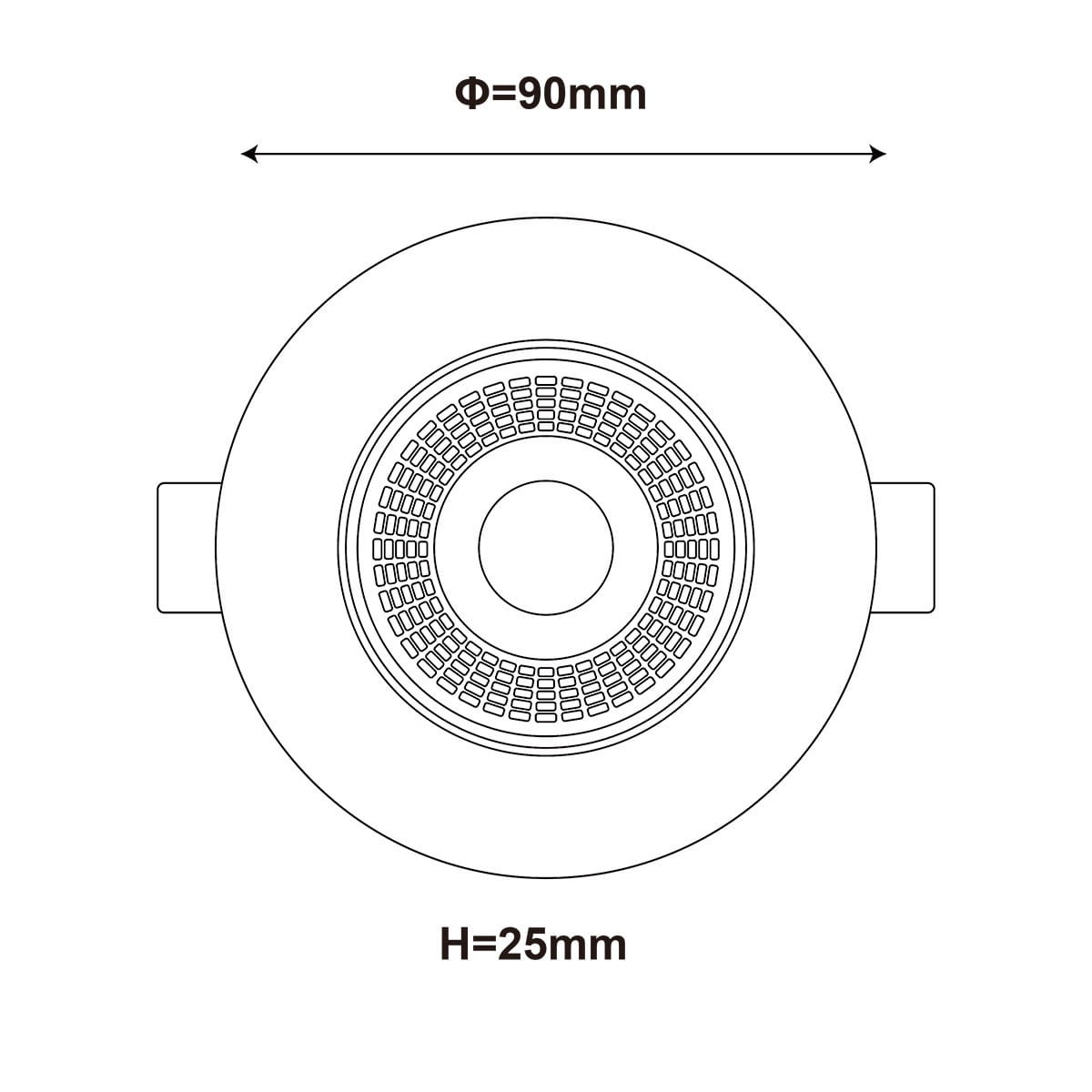Czarna oprawa do zbudowy LED o średnicy 90 mm i wysokości 25 mm, z okrągłym wlotem oraz teksturowanym wnętrzem, przeznaczona do montażu źródeł światła 3W, 5W lub 7W w systemie CCT. Widok z góry, z bocznymi uchwytami do montażu.
