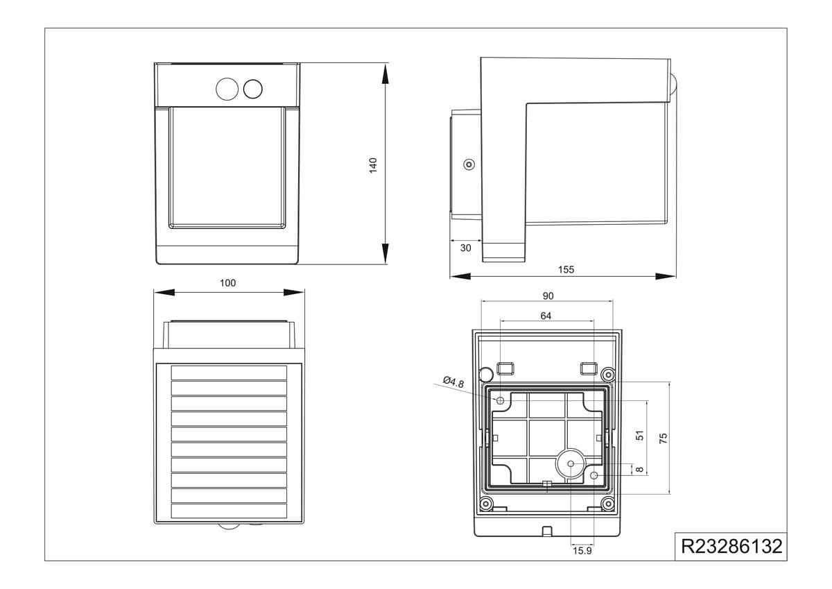 Kinkiet zewnętrzny Colombo Hybrid w kolorze czarnym, z jedną diodą LED o mocy 5,5W. Posiada prostokątny kształt, wymiary 155x140x30 mm. Ochrona IP44. Widok z przodu, z boku i z góry, ukazujący detale konstrukcji oraz otwory montażowe.