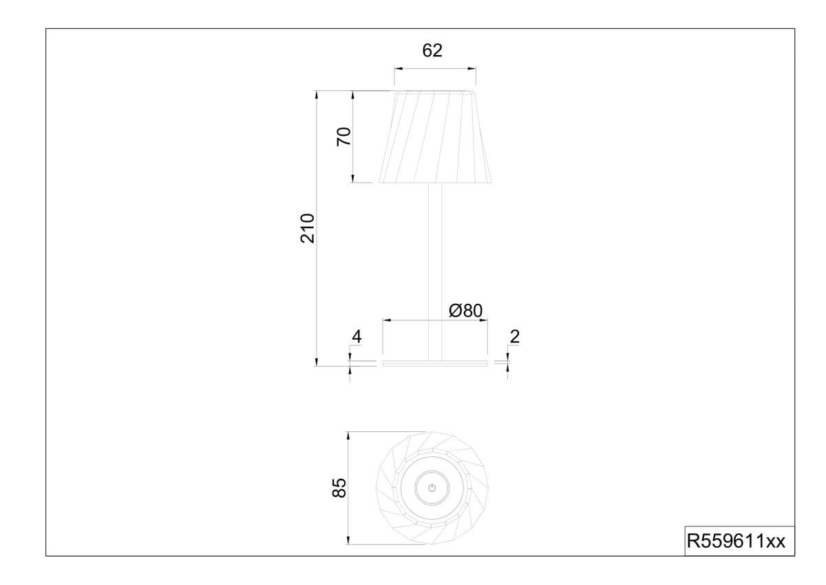Lampa stołowa zewnętrzna Diaz, biała, z kloszem w kształcie stożka. Wymiary: wysokość 210 mm, średnica podstawy 80 mm. Zasilana jednym LED o mocy 1,6W, idealna do użytku na tarasie lub w ogrodzie.