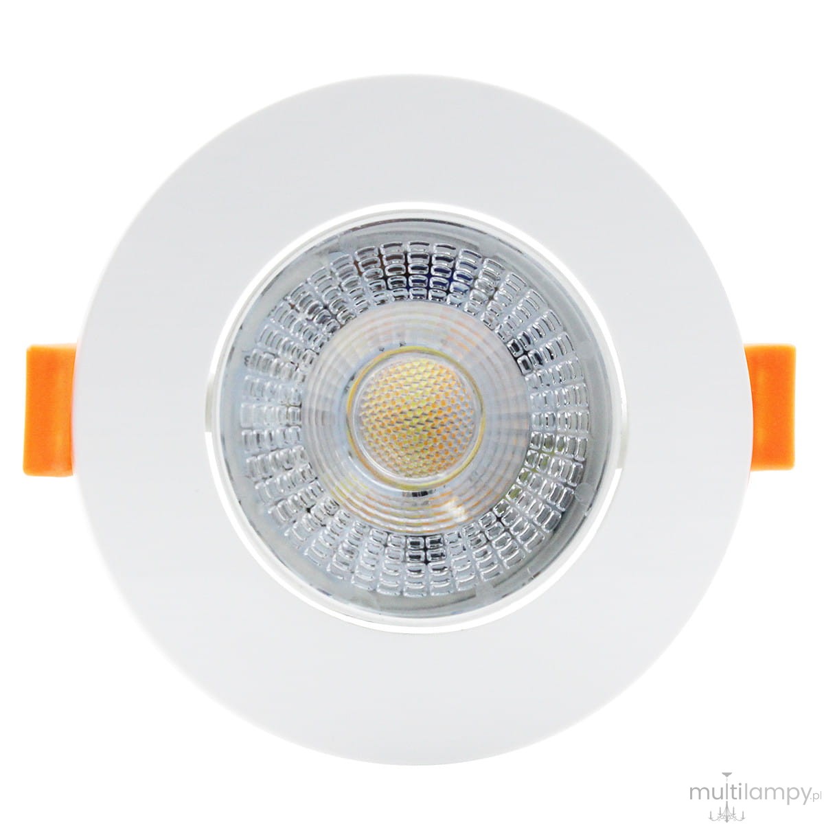 Oprawa LED 3W/5W/7W CCT w białej obudowie, okrągła z przezroczystą soczewką, z widocznymi elementami chłodzenia. Ujęcie frontalne, widoczny pomarańczowy uchwyt montażowy. Produkt przeznaczony do zabudowy.