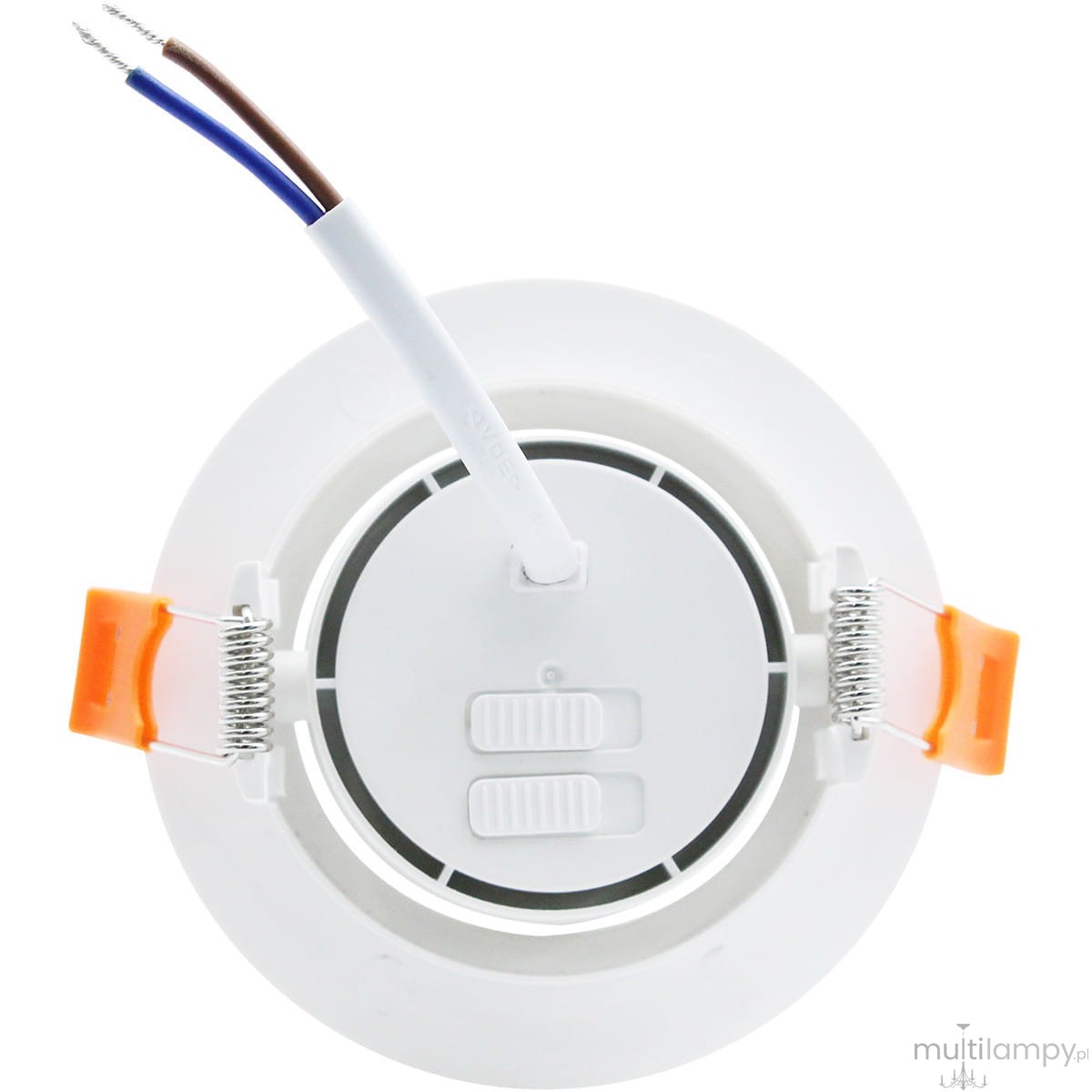 Oprawa LED 3W/5W/7W/CCT w kolorze białym, model LP-1506/1RS WH. Okrągła konstrukcja z dwoma przyciskami na górze, z widocznymi przewodami w kolorze białym, niebieskim i brązowym. Elementy mocujące w pomarańczowym kolorze.