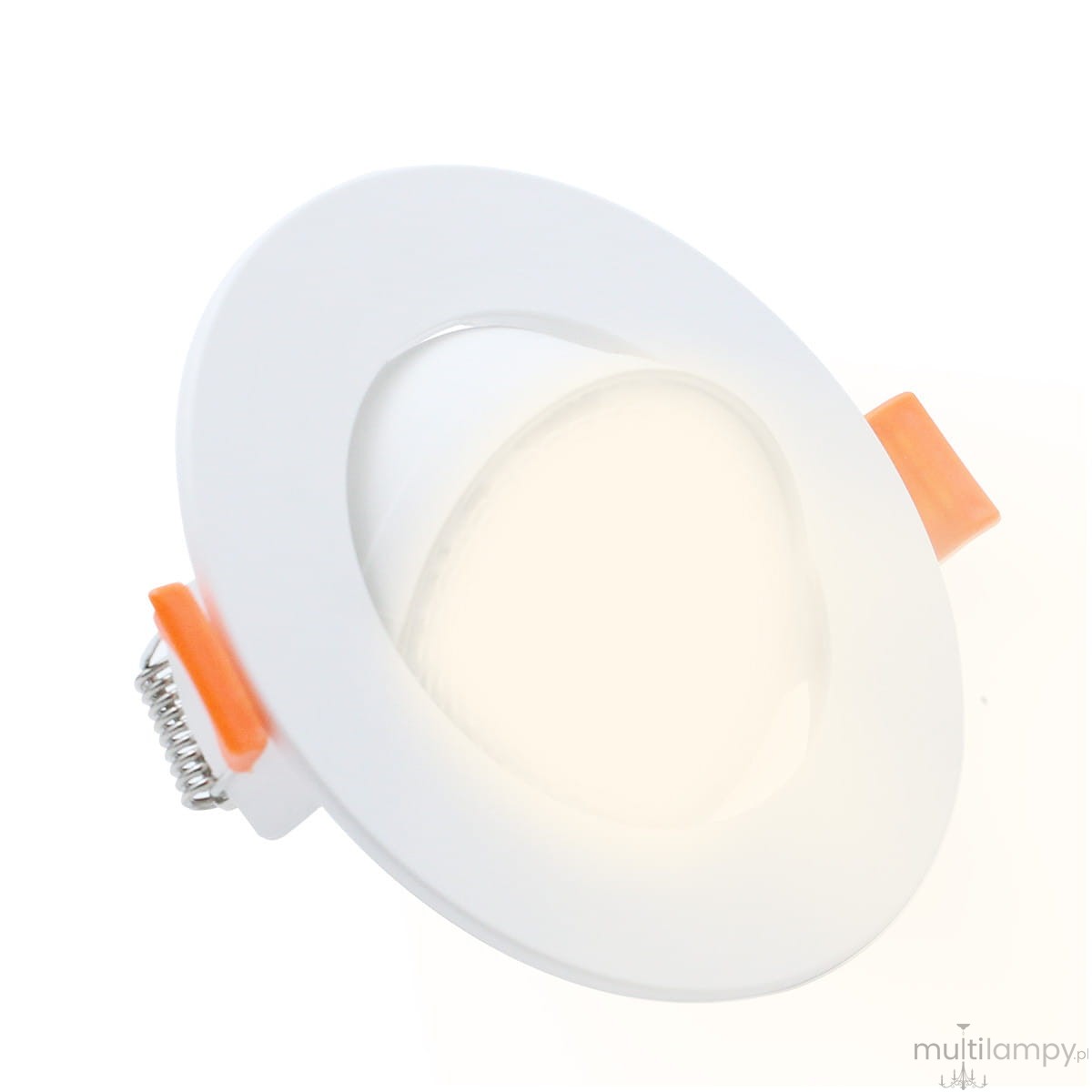 Biała oprawa do zbudowy LED o średnicy okrągłej, z wyjmowanym modułem LED. Widoczny biały klosz z metalową sprężyną i pomarańczowymi uchwytami mocującymi. Produkt przeznaczony do montażu sufitowego, idealny do oświetlenia wnętrz.