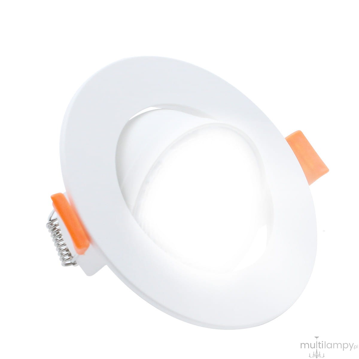 Biała oprawa LED o średnicy okrągłej, z miejscem na moduł 3W/5W/7W, z widocznymi pomarańczowymi uchwytami montażowymi. Produkt w pozycji leżącej, z wyraźnym otworem w centrum. Idealna do zastosowań sufitowych.
