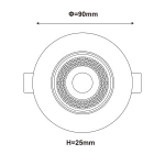 Oprawa LED w kolorze białym, okrągła, o średnicy 90 mm i wysokości 25 mm. Wyposażona w miejsce na diodę LED 3W/5W/7W/CCT. Widok z góry, z widocznymi detalami struktury wnętrza. Brak dodatkowych akcesoriów.