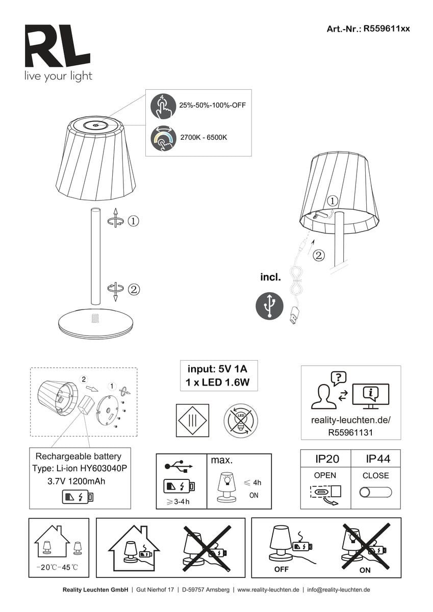 Lampa stołowa zewnętrzna Diaz w kolorze ciemnoszarym, z kloszem o żebrowanej fakturze, na okrągłej podstawie. Posiada wbudowane LED 1,6W z regulacją jasności 25%-100% oraz temperatury barwowej 2700K-6500K. Przeznaczona do użytku zewnętrznego (IP44).