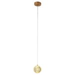 Lampa wisząca LED Brillant LP-3303/1P GD w złotym kolorze, o okrągłym kształcie i przezroczystej fakturze. Powieszona na cienkim, białym przewodzie, z metalowym mocowaniem sufitowym, idealna do nowoczesnych wnętrz.
