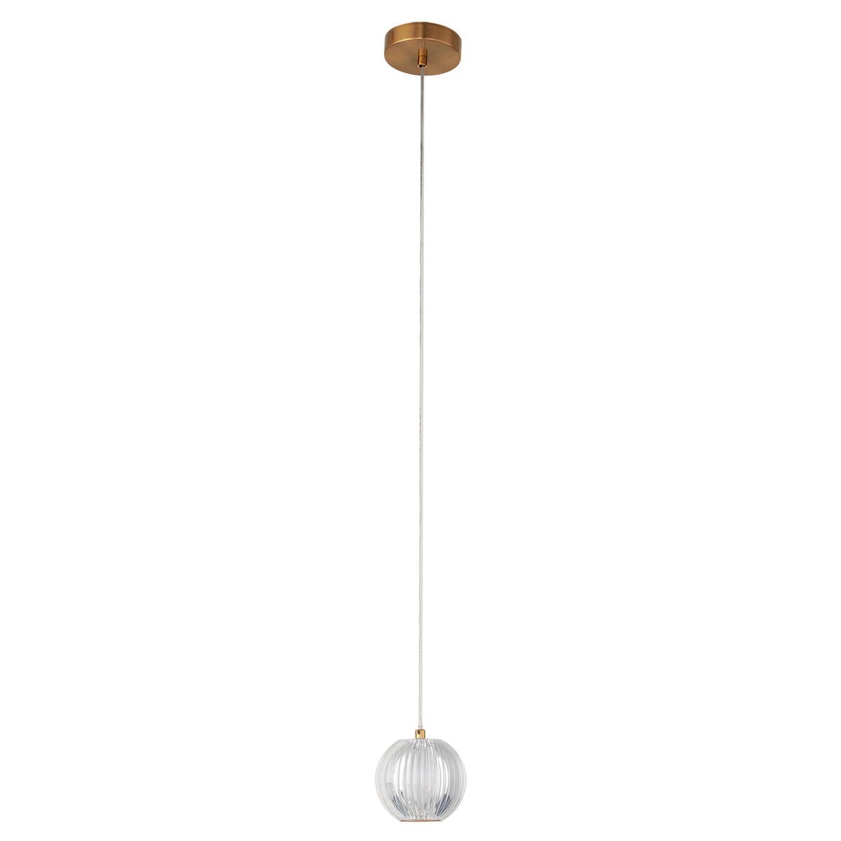 Lampa wisząca Brillant LED o mocy 5W, w złotej oprawie. Szklana kula z przezroczystego materiału z wyraźnym teksturowaniem, zawieszona na cienkim, metalowym przewodzie, montowana do sufitu. Proste, eleganckie wzornictwo.