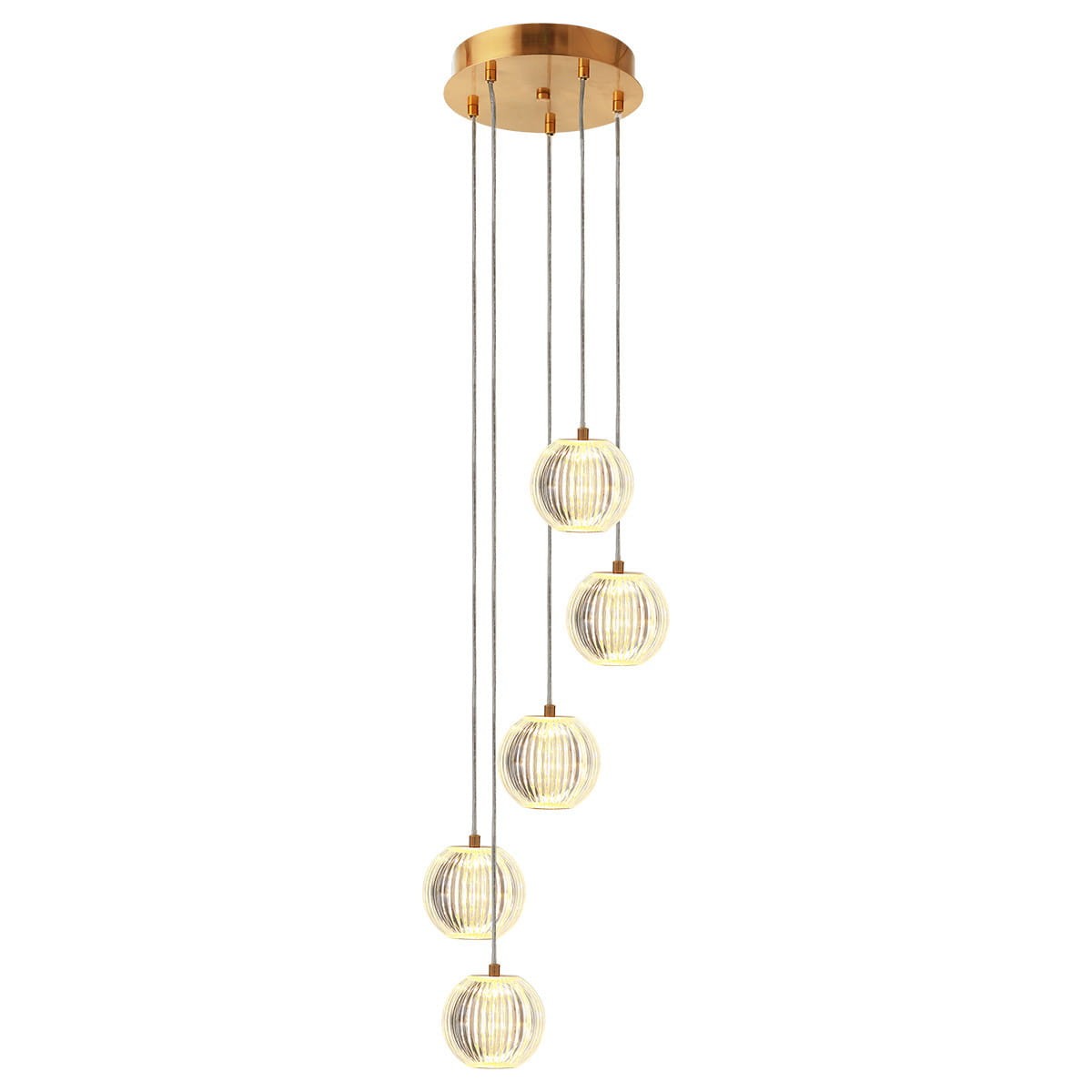 Lampa wisząca Brillant LP-3303/5P GD z pięcioma kulistymi kloszami na złotej podstawie. Klosze mają przejrzystą teksturę, zwisają na cienkich linkach, zapewniając nowoczesny wygląd. Źródło światła LED o mocy 28W i regulowanej temperaturze barwowej.