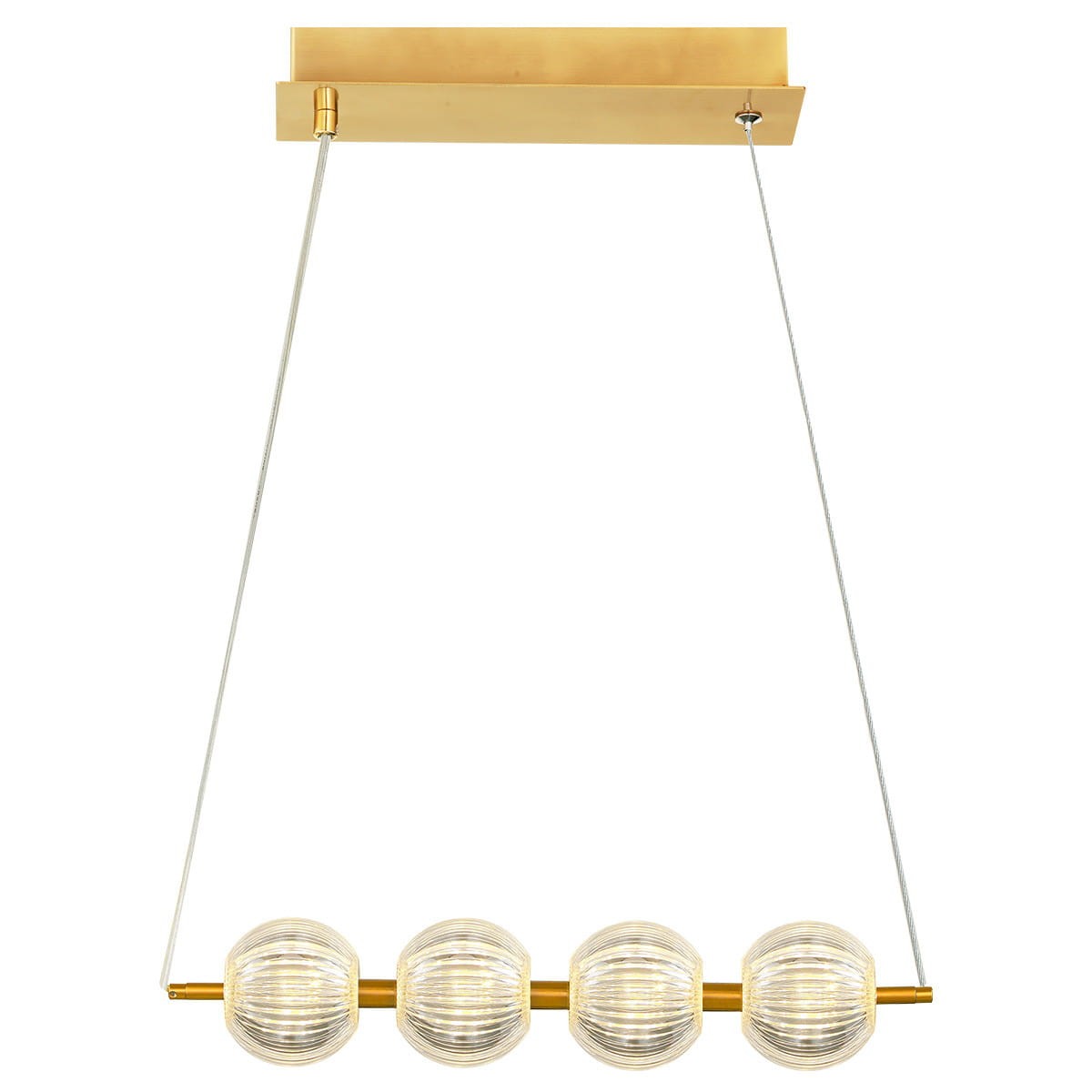 Lampa wisząca Brillant LP-3303/4L GD w złotym kolorze z czterema kulistymi kloszami z przezroczystego szkła, zawieszona na cienkich linkach, z prostokątną, złotą podstawą. Idealna do nowoczesnych wnętrz.