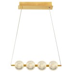 Lampa wisząca Brillant LP-3303/4L GD w złotym kolorze z czterema kulistymi kloszami z przezroczystego szkła, zawieszona na cienkich linkach, z prostokątną, złotą podstawą. Idealna do nowoczesnych wnętrz.