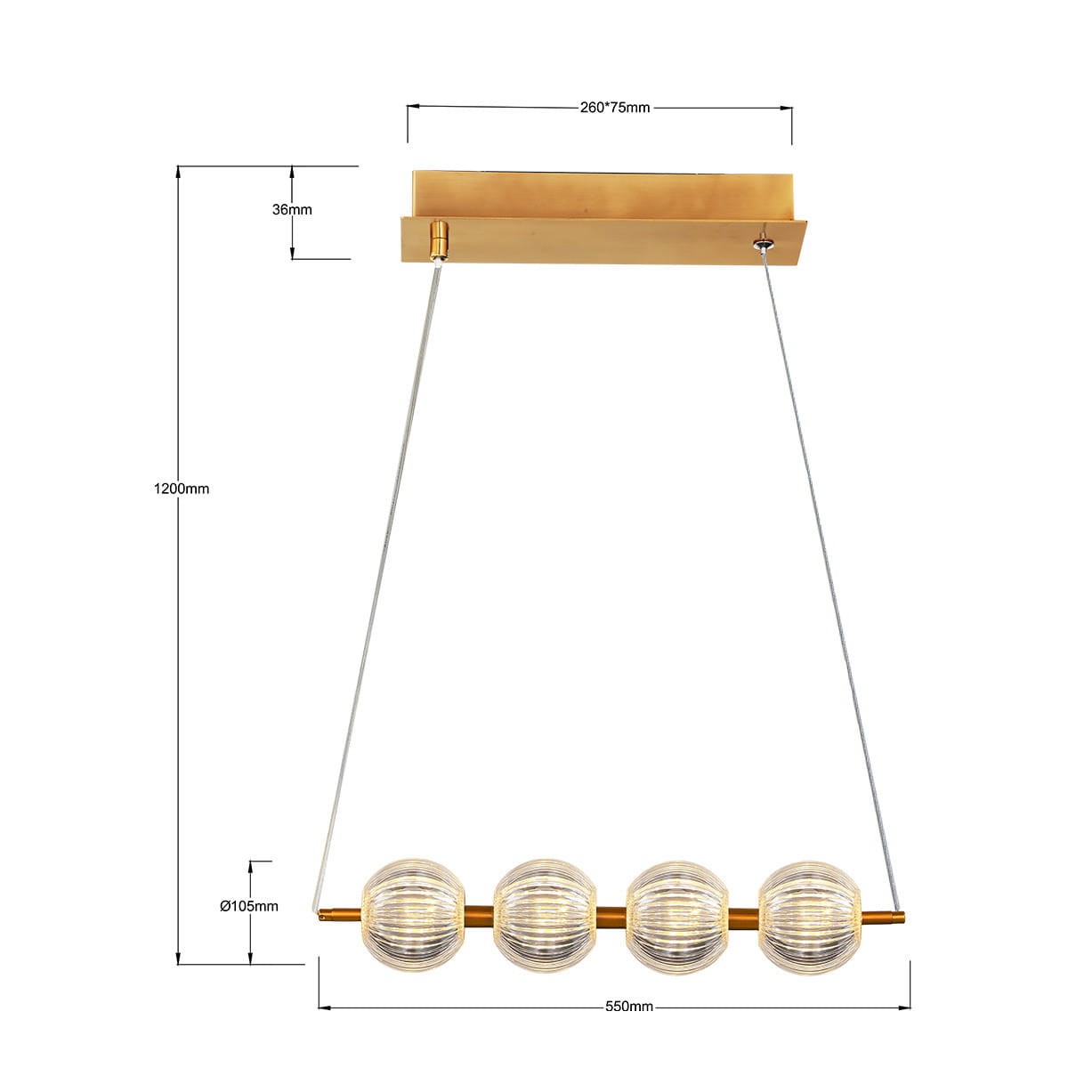 Lampa wisząca Brillant z 4 żarówkami LED (20W, CCT) w złotej oprawie. Posiada cztery szklane klosze o średnicy 10,5 cm, zawieszone na metalowej listwie o długości 55 cm. Całkowita wysokość lampy wynosi 120 cm.