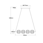 Lampa wisząca Brillant LP-3303/4L GD w kolorze złotym z czterema kulistymi kloszami. Wymiary: 1200 mm wysokości, 550 mm szerokości. Uchwyt o wymiarach 260x75 mm. Klosze mają średnicę 105 mm, wykonane z teksturowanego materiału.