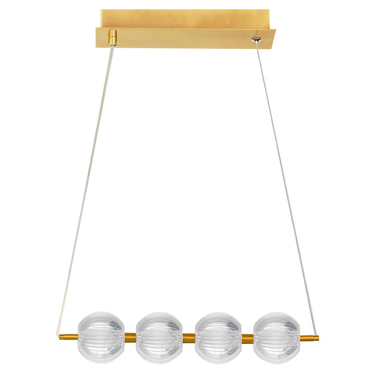 Lampa wisząca Brillant z czterema żarówkami LED o mocy 20W, w kolorze złotym. Posiada przezroczyste klosze o teksturowanej powierzchni, zawieszona na cienkich linkach, z minimalistycznym, prostokątnym mocowaniem sufitowym.