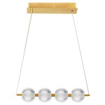 Lampa wisząca Brillant z czterema żarówkami LED o mocy 20W, w kolorze złotym. Posiada przezroczyste klosze o teksturowanej powierzchni, zawieszona na cienkich linkach, z minimalistycznym, prostokątnym mocowaniem sufitowym.