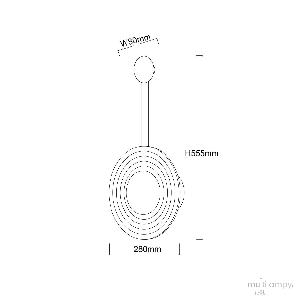 Kinkiet LED Bell o mocy 8W, w kolorze złotym i bursztynowym, o wymiarach 80mm szerokości i 555mm wysokości. Posiada okrągły, warstwowy design z centralnym źródłem światła. Idealny do nowoczesnych wnętrz.