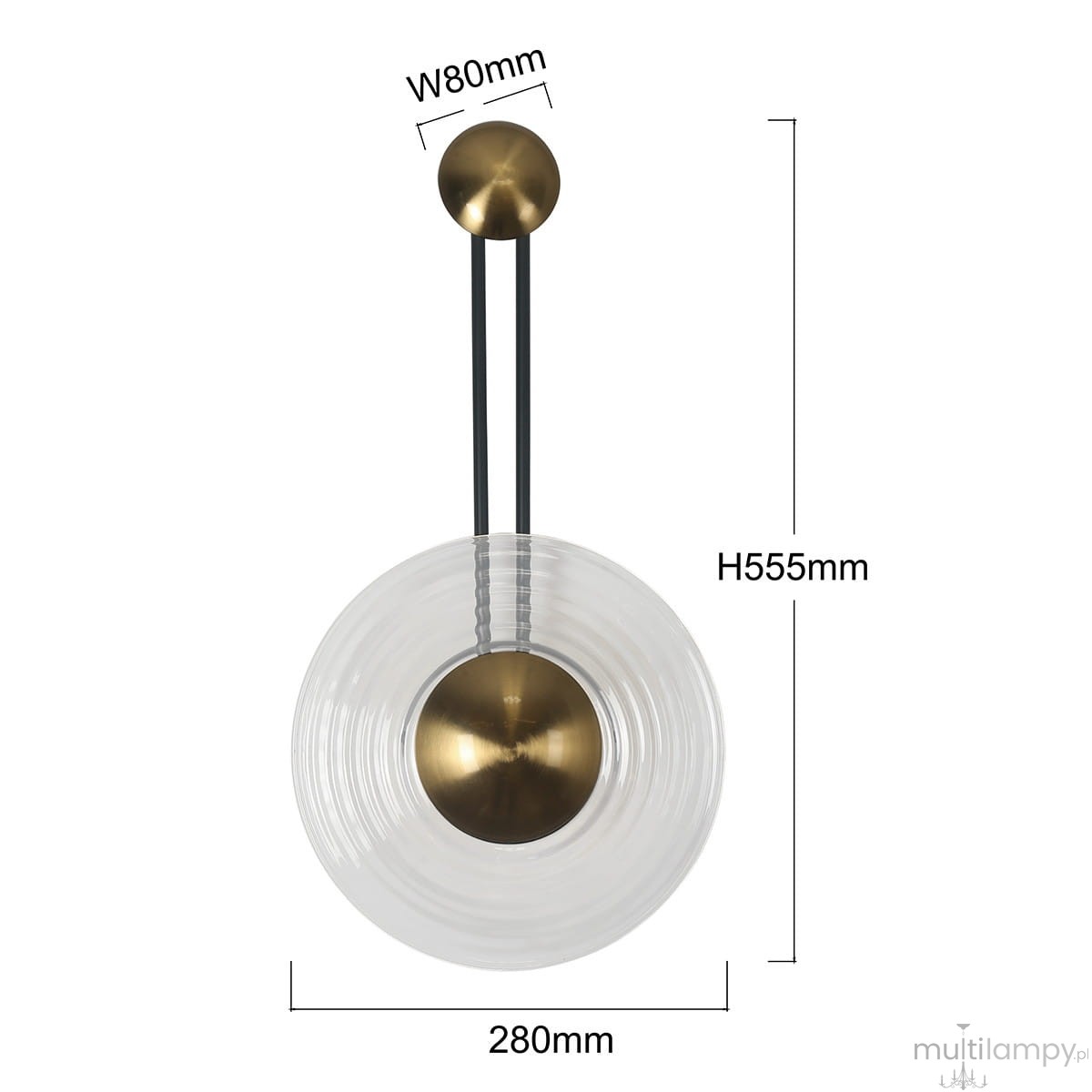 Kinkiet LED Bell o mocy 8W, złoty z transparentnym kloszem. Okrągły klosz z fakturą, średnica 280 mm, wysokość 555 mm. Zawieszony na dwóch czarnych linkach, z okrągłym uchwytem na górze. Wymiary: W80 mm, H555 mm.