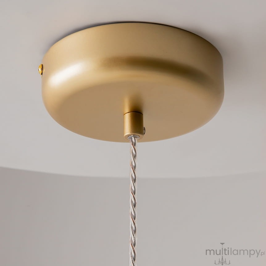 Złota lampa wisząca LED Spirito MOD286PL-L18G3K z okrągłym mocowaniem sufitowym. Widoczny metalowy element montażowy oraz zwisający przewód w oplocie. Prosta forma, matowe wykończenie, idealna do nowoczesnych wnętrz.