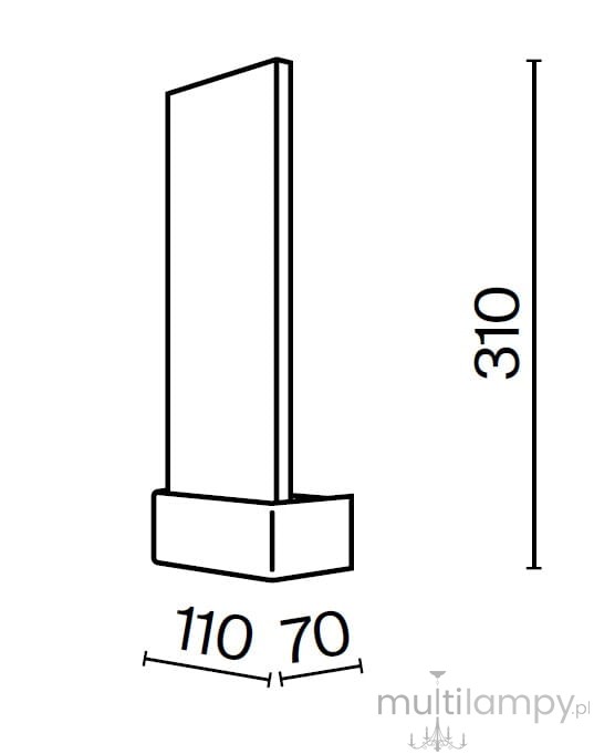 Kinkiet LED/2W w kolorze mosiądzu, o prostokątnym kształcie. Wymiary: wysokość 310 mm, szerokość 110 mm, głębokość 70 mm. Prosty design, idealny do nowoczesnych wnętrz, zamontowany pionowo.