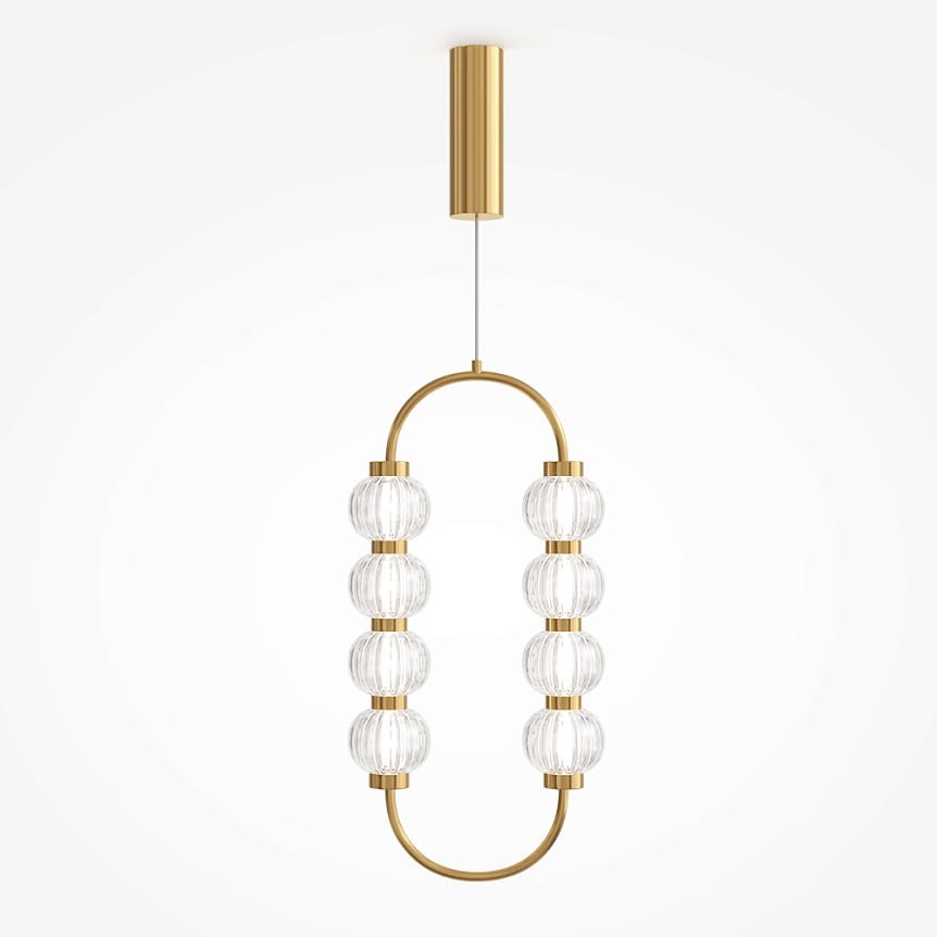 Lampa wisząca LED Amulet o mocy 16W w złotym wykończeniu. Posiada sześć przezroczystych, kulistych kloszy umieszczonych na eleganckim, złotym stelażu w kształcie owalnym. Zawieszona na cienkim przewodzie. Białe tło podkreśla jej styl.