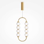 Lampa wisząca LED Amulet o mocy 16W w złotym wykończeniu. Posiada sześć przezroczystych, kulistych kloszy umieszczonych na eleganckim, złotym stelażu w kształcie owalnym. Zawieszona na cienkim przewodzie. Białe tło podkreśla jej styl.