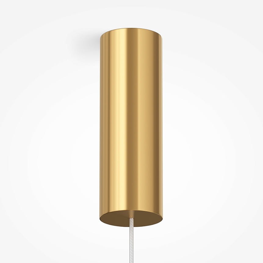 Lampa wisząca LED Amulet o mocy 16W, w złotym kolorze, o cylindrycznym kształcie. Ujęcie z góry, pokazujące gładką, błyszczącą powierzchnię i zawieszenie na białym przewodzie. Tło proste, białe.