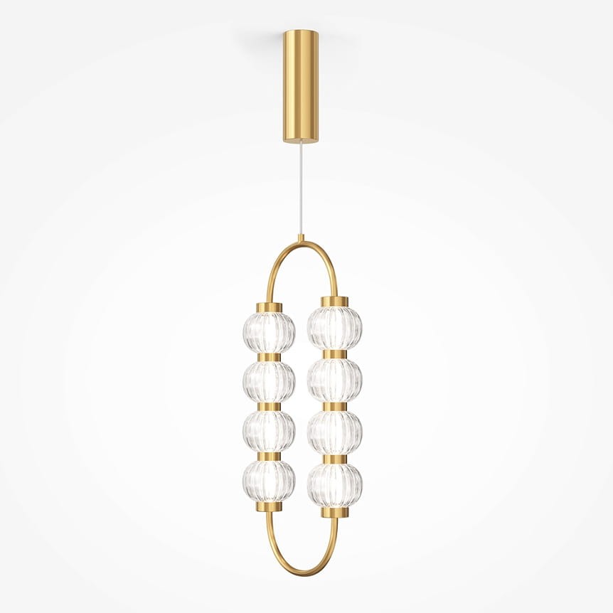 Lampa wisząca LED Amulet 16W w złotym kolorze, z sześcioma szklanymi kloszami w kształcie kul, zawieszona na cienkim przewodzie. Okrągła podstawa mocująca w złotym wykończeniu. Produkt prezentowany na białym tle.