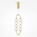 Lampa wisząca LED Amulet 16W w złotym kolorze, z sześcioma szklanymi kloszami w kształcie kul, zawieszona na cienkim przewodzie. Okrągła podstawa mocująca w złotym wykończeniu. Produkt prezentowany na białym tle.