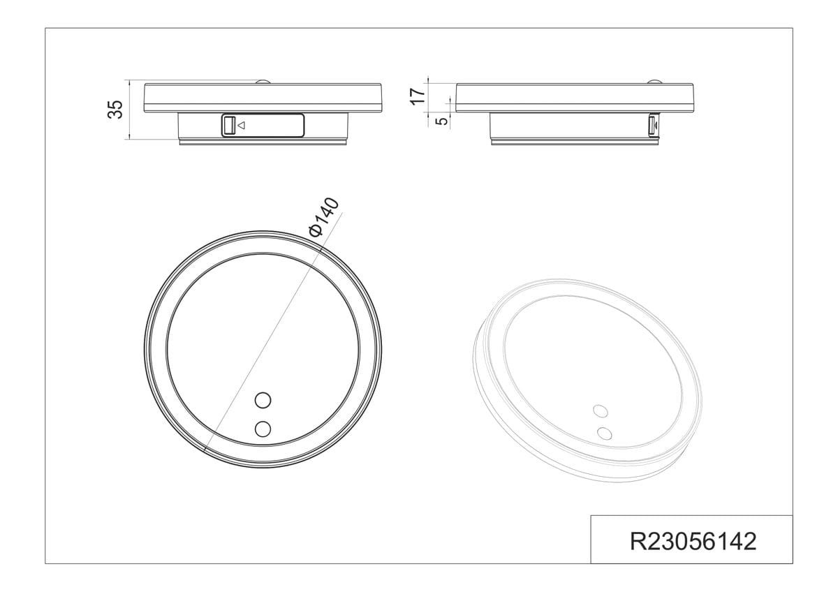 Fortaleza kinkiet zewnętrzny, okrągły, antracytowy, średnica 140 mm, grubość 35 mm, z czujnikiem ruchu i zmierzchu, z jedną diodą LED 2W, IP54, pokazany z przodu i z boku, z widocznymi przyciskami do regulacji.