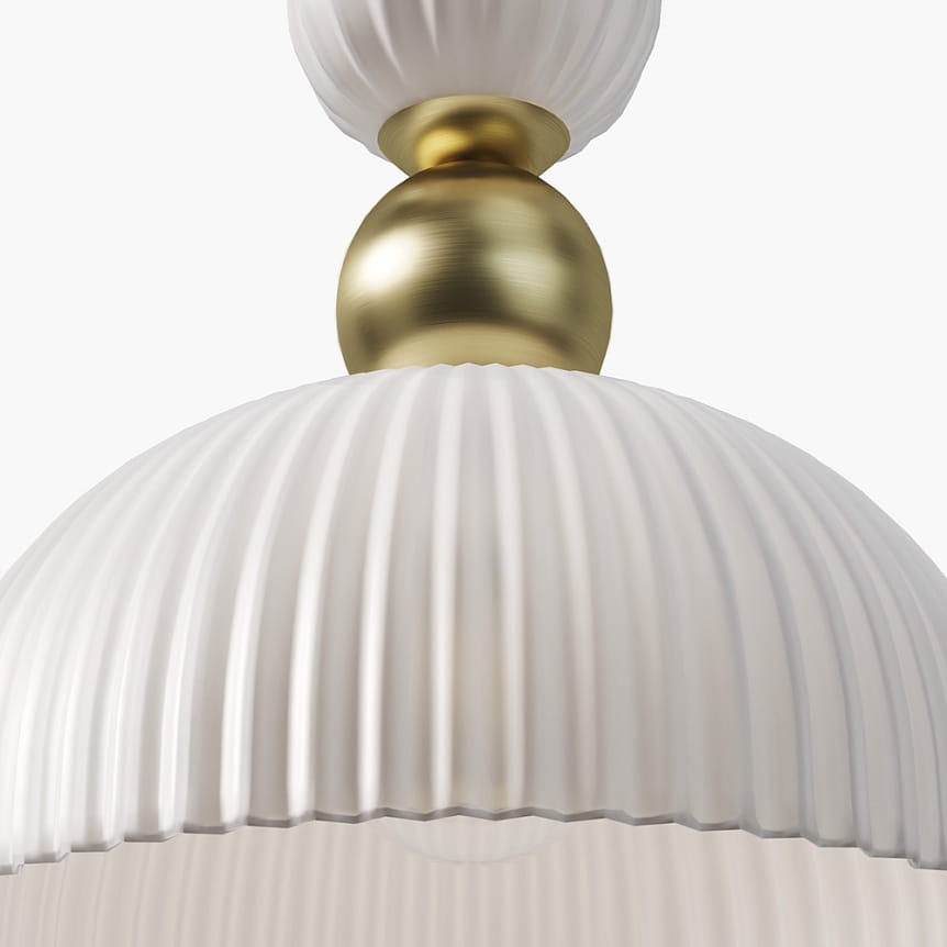 Lampa wisząca Antic 1xE27 w kolorze złotym i białym, z falistym kloszem z białego szkła i złotą kulą na górze. Uchwycona z bliska, eksponuje detale struktury klosza oraz połysk metalowej części. Idealna do nowoczesnych wnętrz.