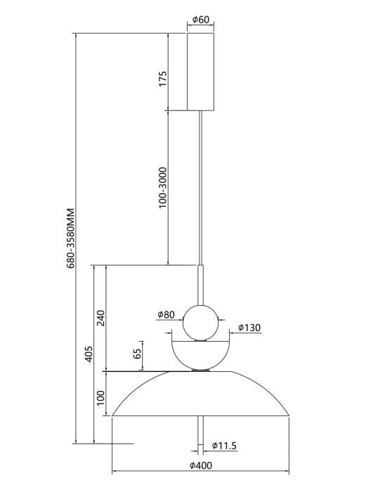Czarna lampa wisząca LED o mocy 12W z bursztynowym kloszem. Kształt stożkowy, średnica 400 mm, zawieszenie regulowane od 680 do 3580 mm. Metalowa konstrukcja, z kulistym detalem na łączniku. Prosty, nowoczesny design.