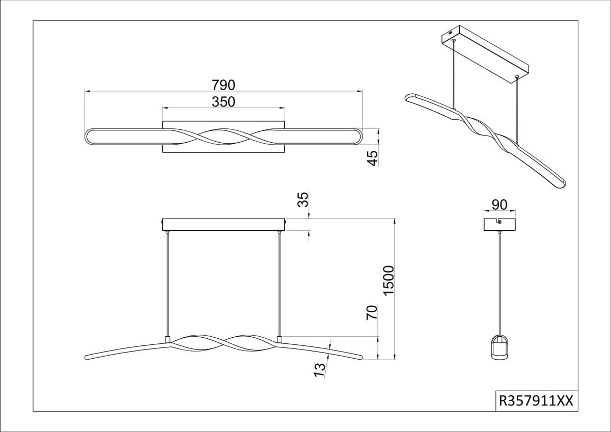 Lampa wisząca Ginko w kolorze czarnym, z jednym źródłem światła LED o mocy 18W. Posiada falistą, smukłą konstrukcję o wymiarach 790 mm długości i 350 mm szerokości, zawieszona na linkach o długości 1500 mm.