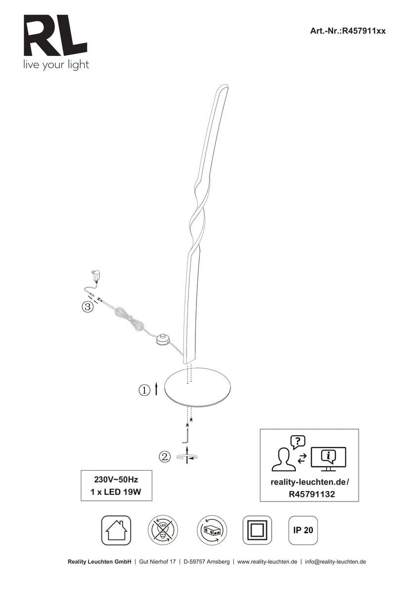 Lampa podłogowa Ginko w kolorze białym z jedną żarówką LED o mocy 19W. Posiada smukłą, spiralną konstrukcję w kształcie litery S. Ustawiona na okrągłej podstawie, z przewodem z włącznikiem, idealna do nowoczesnych wnętrz.