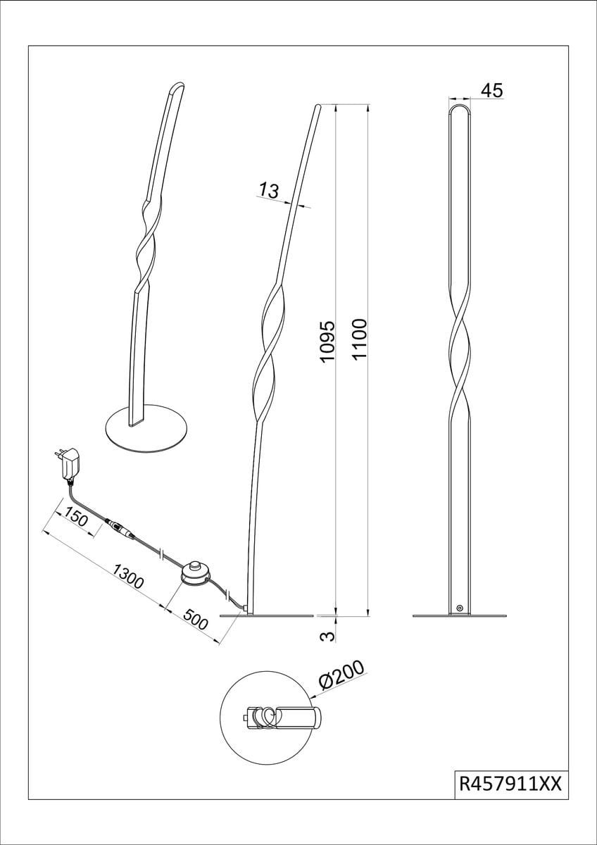 Lampa podłogowa Ginko w kolorze białym, z unikalnym, spiralnym kształtem. Wysokość 1100 mm, szerokość podstawy 200 mm. Zawiera 1 żarówkę LED o mocy 19W. Ujęcie z boku, pokazujące detale konstrukcji i wymiary.